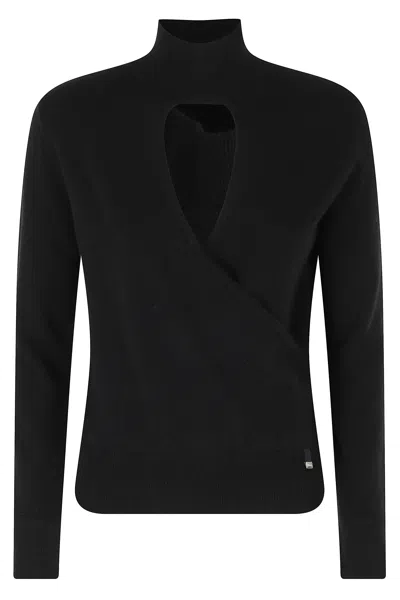 Herno Black High Neck Cut-out Crossover Wool Sweater