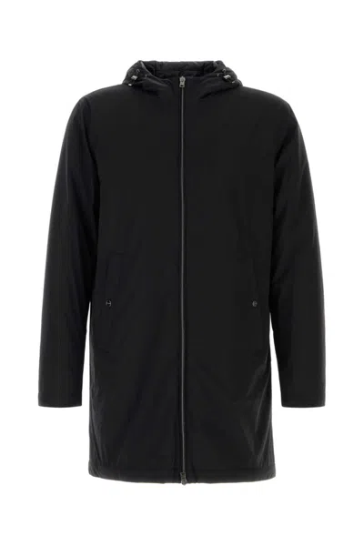 HERNO BLACK HOODED LONG COAT