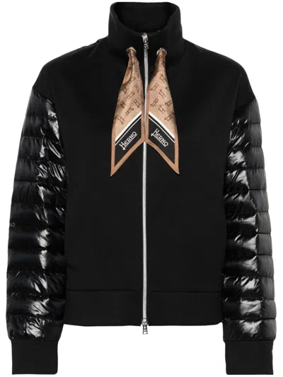 Herno Black Quilted Bomber Jacket With Detachable Scarf Detail For Women
