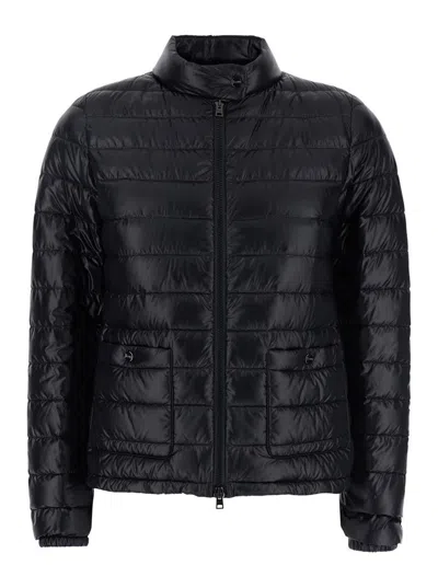 HERNO BLACK QUILTED DOWN JACKET WITH RAISED COLLAR AND FRONT POCKETS