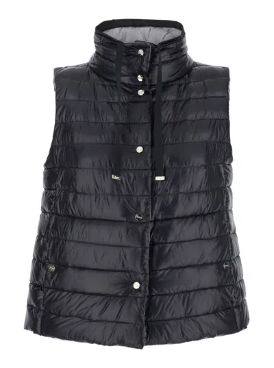 HERNO BLACK REVERSIBLE SLEEVELESS VEST WITH HIGH DRAWSTRING NECK IN TECH FABRIC WOMAN