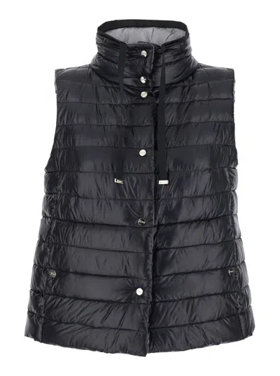 HERNO BLACK REVERSIBLE SLEEVELESS VEST WITH HIGH DRAWSTRING NECK IN TECH FABRIC WOMAN