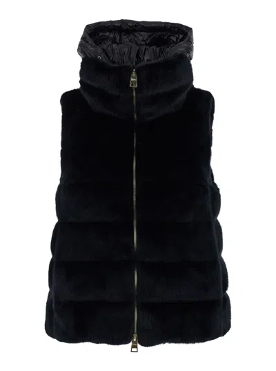Herno Black Sleeveless Down Jacket With Detachable Hood In Faux Fur Woman