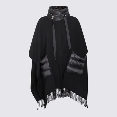 Herno High-neck Fringed-edge Drawstring Poncho In Black