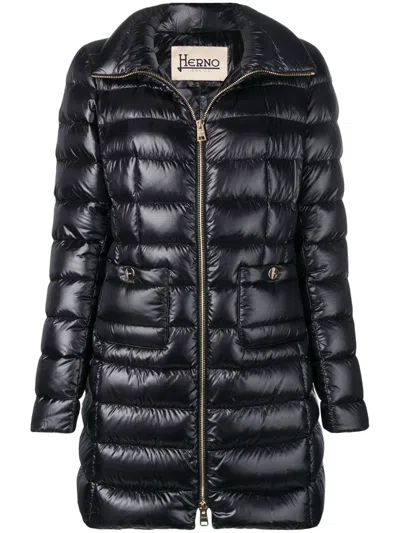 Herno Black Puffer Jacket With Horizontal Quilting And High Collar In Animal Print