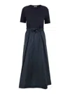 Herno Blue Crewneck Midi Dress With Elastic Drawstring Waist And Panelled Design