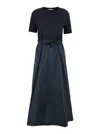 Herno Blue Crewneck Midi Dress With Elastic Drawstring Waist And Panelled Design In Multicolor