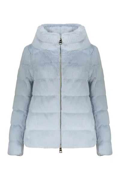 Herno Blue Down Jacket In Elegant Faux Fur