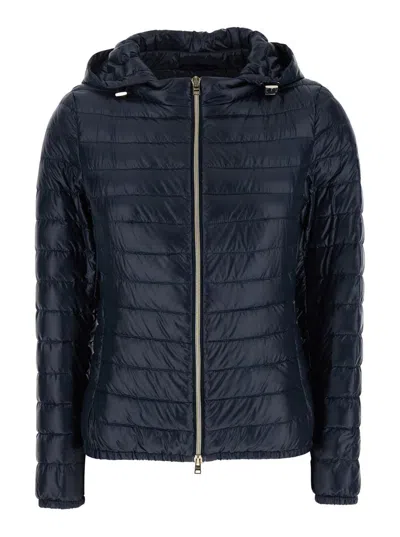 HERNO BLUE DOWN JACKET WITH DRAWSTRING HOOD AND LOGO PLAQUE ON THE REAR