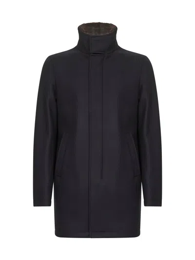 Herno Blue Easy Wool And Light Faux Fur Carcoat <br/>
