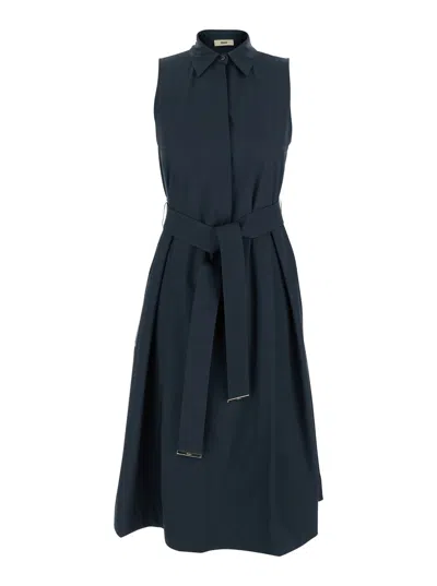 Herno Blue Sleeveless Dress With Classic Collar And Adjustable Belt In Tech Fabric Stretch Woman