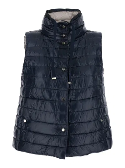HERNO HERNO BLUE VEST WITH HIGH NECK AND BUTTONS WITH LOGO IN TECH FABRIC WOMAN