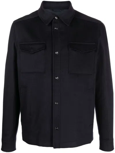 HERNO BLUE VIRGIN WOOL-CASHMERE BLEND SHIRT JACKET