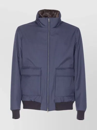 Herno Bomber Jacket With Removable Shearling Detail In Blue