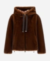 Herno Dark Brown Faux Fur Bomber Jacket With Custom Drawstring Hood In Brown