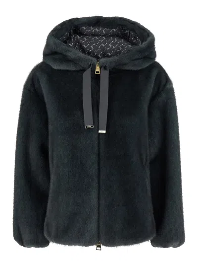 HERNO GREY JACKET WITH DRAWSTRING HOOD AND TWO FRONT WELT POCKETS IN ECOFUR WOMAN