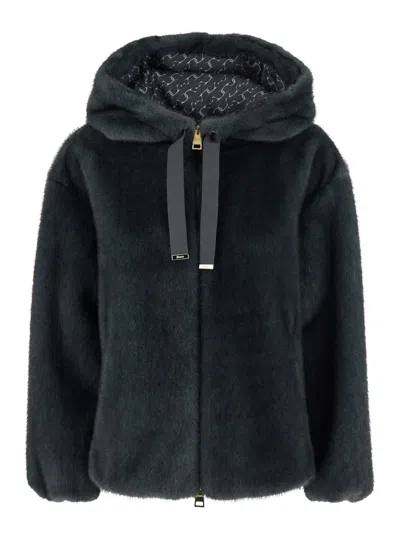 HERNO GREY JACKET WITH DRAWSTRING HOOD AND TWO FRONT WELT POCKETS IN ECOFUR WOMAN