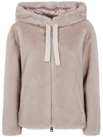 Herno "bomber" Soft Faux Fur Jacket In Brown