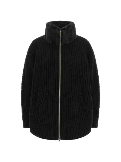 Herno Merino Wool Cardigan With Faux Fur Collar In Black
