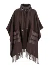 Herno Brown Cape With Drawstring Collar And Fringed Hem In Tech Fabric Woman