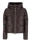 Herno Brown Cropped Down Jacket With Fixed Hood With Snap Buttons In Tech Fabric Woman In Black