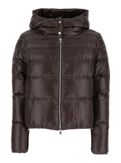 Herno Brown Cropped Down Jacket With Fixed Hood With Snap Buttons In Tech Fabric Woman In Black