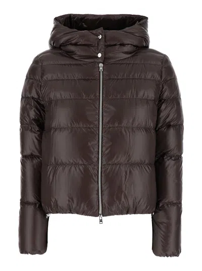Herno Brown Cropped Down Jacket With Fixed Hood With Snap Buttons In Tech Fabric Woman