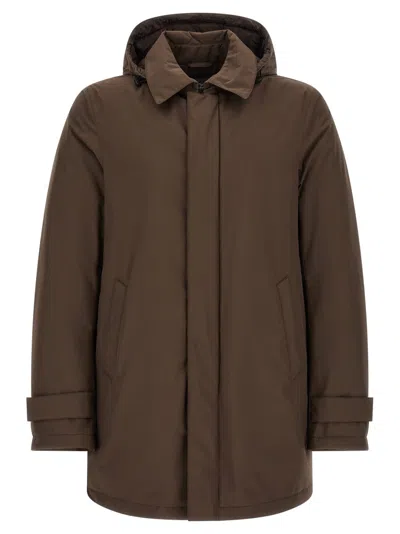 Herno Hooded Polyester Parka Coat In Brown