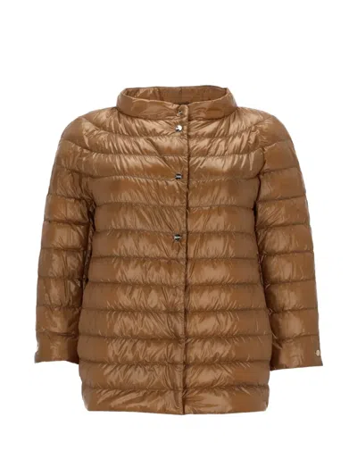 Herno Neutrals Shiny Quilted Three-quarter Down Jacket In Brown