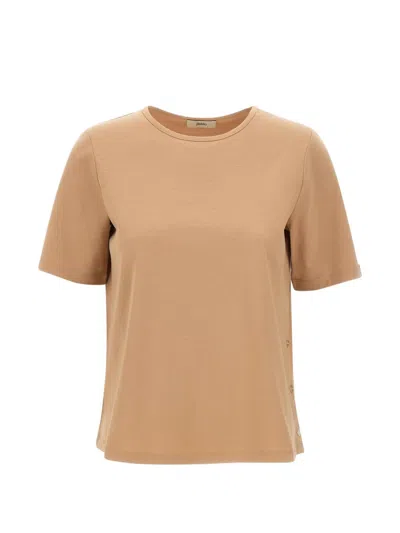 Herno Short-sleeved Crew Neck T-shirt In Pure Cotton In Brown