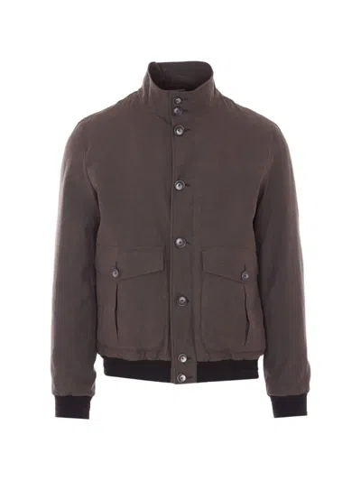 Herno Buttoned High Neck Bomber Jacket In Brown