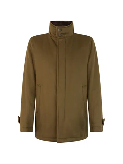 Herno Buttoned High-neck Coat In Brown