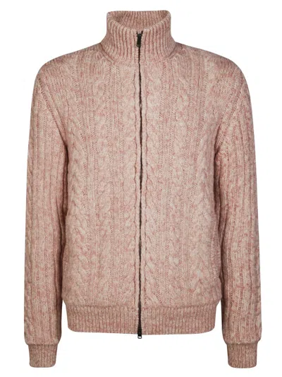 Herno Cable-knit And Ribbed Zip-up Cardigan In Pink