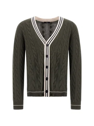 Herno Cable-knit Striped-trim Cardigan In Green