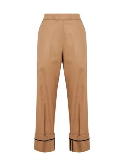 Herno Camel Cotton Gabardine Trousers With Turn-up Hems In Brown