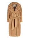 Herno Long Faux Fur Coat With Belted Waist In Brown
