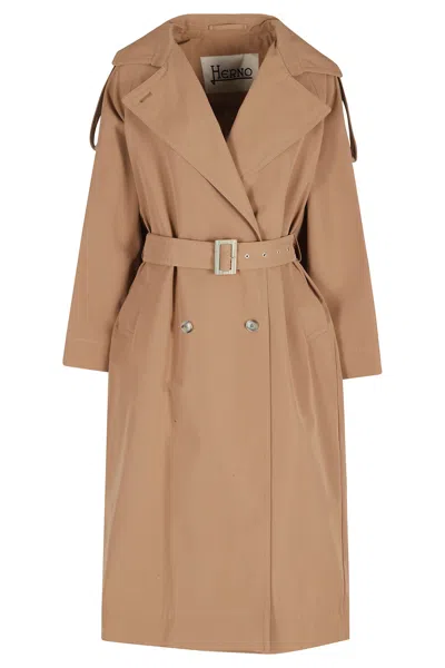 Herno Camel Long Trench Belted Double-breasted Cotton Trench Coat In Brown