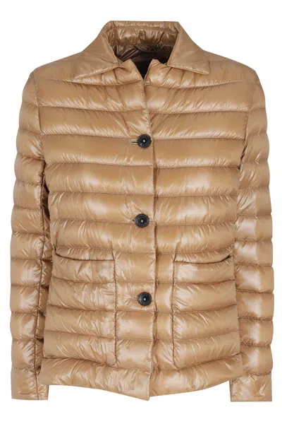 Herno Camel Short Shirt-collar Side-slits Polyamide Down Jacket In Brown