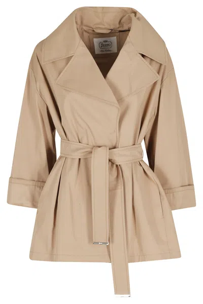 Herno Camel Short Trench Belted Cotton Trench Coat In Brown
