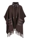 Herno Brown Cape With Drawstring Collar And Fringed Hem In Tech Fabric Woman In Brown