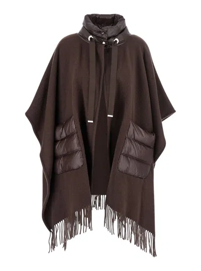 HERNO BROWN CAPE WITH DRAWSTRING COLLAR AND FRINGED HEM IN TECH FABRIC WOMAN