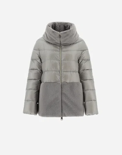 Herno Cape In Nylon Ultralight And Lady Alternative Fur In Gray