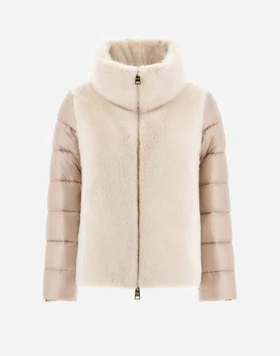 Herno Cape In Nylon Ultralight And New Lady Faux Fur In Chantilly
