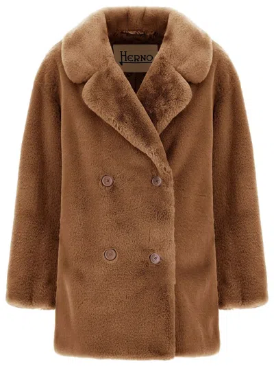 Herno Cappotto Doppiopetto In Ecopelliccia In Brown