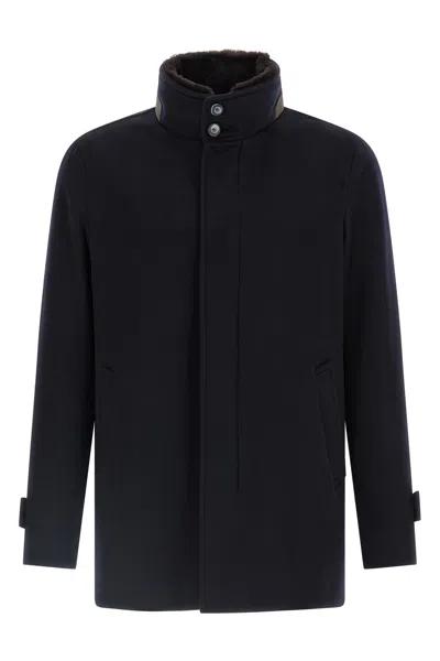 Herno Cashmere Car Coat With High Collar In Blue