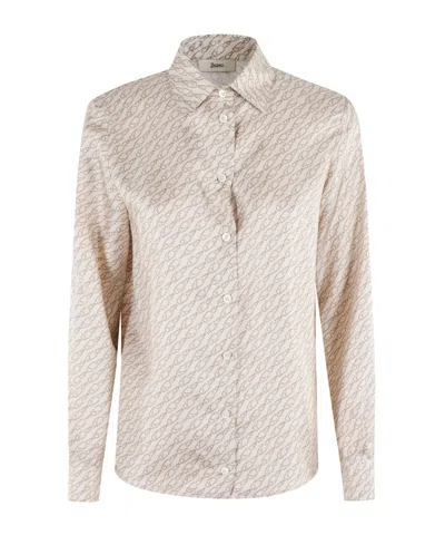 Herno Long-sleeved Silk Shirt With All-over Logo Pattern In Neutral