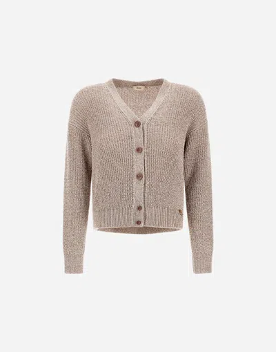 Herno Cardigan In Glitter Knit In Beige