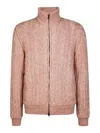 Herno Textured Knit Cardigan With Full Zipper And High Collar In Pink