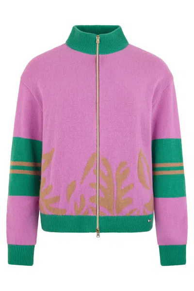 Herno Cardigan With Zip With Floral Pattern In Pink