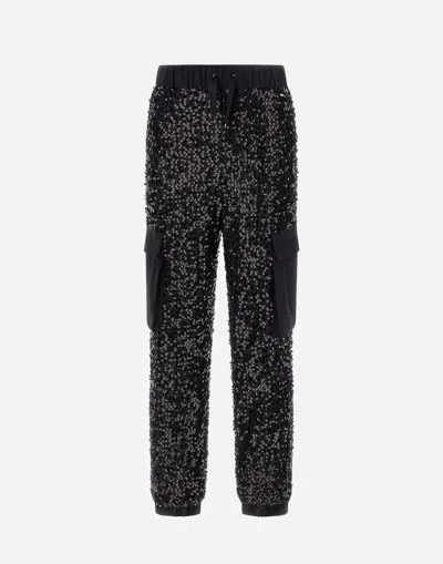 Herno Cargo Trousers In Sequin Mesh And Structured Nylon In Black
